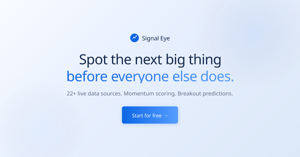Signal Eye is a trend intelligence platform I built to track what's emerging across the internet before it hits mainstream. It pulls data from over 20 sources — Reddit, Hacker News, GitHub, Twitter/X, Wikipedia, npm, arXiv, app stores, ad libraries — and scores each trend across five dimensions to surface what's actually gaining momentum. The whole pipeline runs on a Python backend with FastAPI, PostgreSQL on Supabase, and a Next.js frontend deployed on Vercel. Every 15 minutes it ingests fresh signals, computes scores, and updates the dashboard.